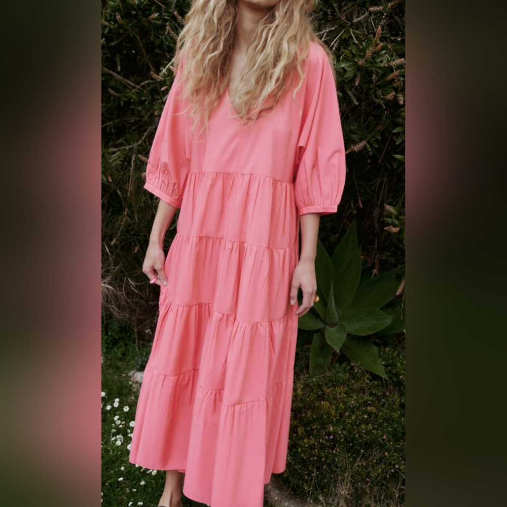 NWT Zara Poplin Pleated Panel Deep V Dress